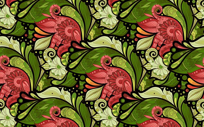 4k, paisley patterns, red flowers, green paisley background, floral patterns, background with flowers, retro floral background, retro paisley patterns