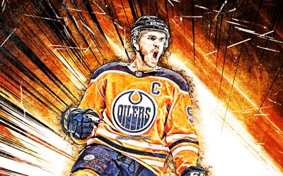 4k, Connor McDavid, grunge art, NHL, Edmonton Oilers, j&#228;&#228;kiekko t&#228;hdet, oranssi abstrakti-s&#228;teilt&#228;, j&#228;&#228;kiekko, j&#228;&#228;kiekon pelaajat, USA, Connor McDavid Edmonton Oilers, Connor McDavid 4K
