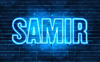Samir, 4k, tapeter med namn, &#246;vergripande text, Samir namn, Grattis P&#229; F&#246;delsedagen Samir, bl&#229;tt neonljus, bild med Samir namn