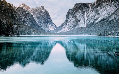 Lake Dobbiaco, winter, beautiful nature, frozen lake, mountains, Toblacher See, Belluno, Italy, Europe, South Tyrol, Lago di Dobbiaco, HDR