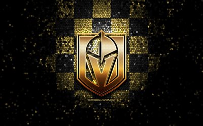 Vegas Golden Knights, glitter logo, NHL, brown black checkered background, USA, american hockey team, Vegas Golden Knights logo, mosaic art, hockey, America