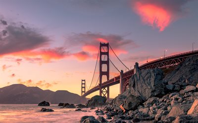 Golden Gate Bridge, San Francisco, le pont suspendu, la Baie de San Francisco, beau pont, soir&#233;e, coucher du soleil, Californie, &#233;tats-unis