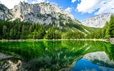 mountain lake, Alps, spring, mountain landscape, forest, green trees, environment