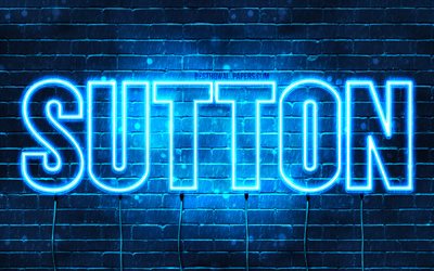 Sutton, 4k, fondos de pantalla con los nombres, el texto horizontal, Sutton nombre, Feliz Cumplea&#241;os Sutton, luces azules de ne&#243;n, de la imagen con el nombre de Sutton