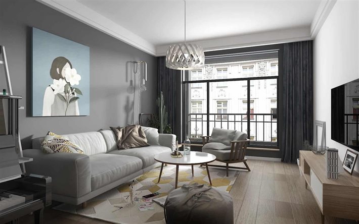 elegante cinza sala de estar interior, um design interior moderno, sala de estar do projeto, elegante design de interiores, cor cinza na sala de estar