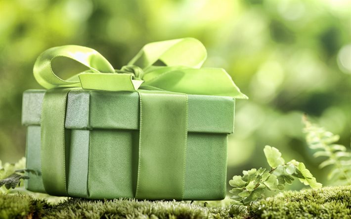 Download wallpapers green gift box, green silk bow, eco concepts