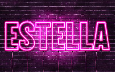 Estella, 4k, tapeter med namn, kvinnliga namn, Estella namn, lila neon lights, Grattis P&#229; F&#246;delsedagen Estella, bild med Estella namn
