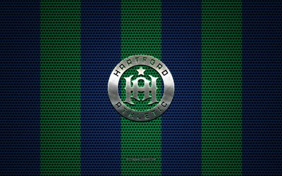 Hartford Athletic logo, American soccer club, metal emblem, green-blue metal mesh background, Hartford Athletic, USL, Hartford, Connecticut, USA, soccer