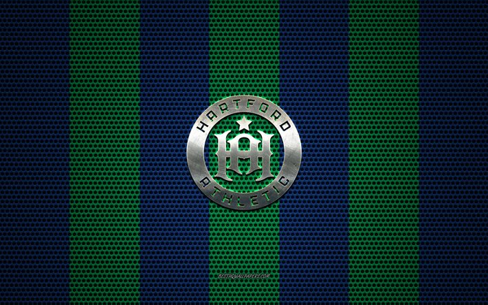 Hartford Athletic logo, American soccer club, metal emblem, green-blue metal mesh background, Hartford Athletic, USL, Hartford, Connecticut, USA, soccer