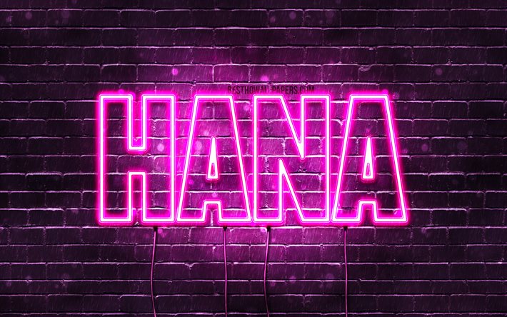 Hana, 4k, adları Hana adıyla, Bayan isimleri, Hana adı, mor neon ışıkları, Doğum g&#252;n&#252;n kutlu olsun Hana, resimli duvar kağıtları