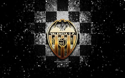 Valencia FC, glitter logo, La Liga, black white checkered background, soccer, Valencia CF, spanish football club, Valencia logo, mosaic art, football, LaLiga, Spain