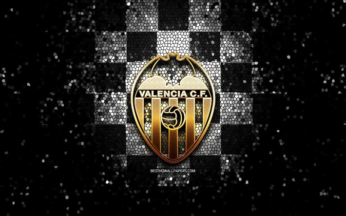 Valencia FC, glitter logo, UEFA, siyah beyaz damalı arka plan, futbol, Real Madrid, İspanyol Futbol Kul&#252;b&#252; Valencia logo, mozaik sanatı, LaLiga, İspanya