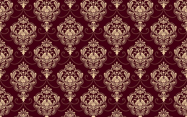 violet vintage fond, vintage, motif floral, jaune damass&#233; motif, motifs floraux, des arri&#232;re-plans vintage, pourpre retro origines, floral vintage pattern