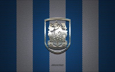 Huddersfield FC logo, English football club, metal emblem, blue and white metal mesh background, Huddersfield FC, EFL Championship, Huddersfield, West Yorkshire, England, football