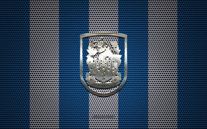 Huddersfield FC logo, English football club, metal emblem, blue and white metal mesh background, Huddersfield FC, EFL Championship, Huddersfield, West Yorkshire, England, football