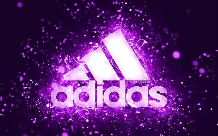 Logo viola Adidas, 4k, luci al neon viola, creativo, sfondo astratto viola, logo Adidas, marchi, Adidas