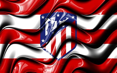 Atletico Madrid bayrağı, 4k, kırmızı ve beyaz 3D dalgalar, LaLiga, İspanyol futbol kul&#252;b&#252;, futbol, Atletico Madrid logosu, La Liga, Atletico Madrid FC
