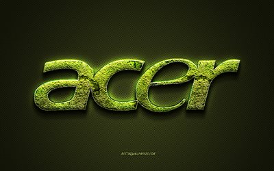 Acer logotyp, gr&#246;n bakgrund, Acer gr&#246;n blommig logotyp, Acer emblem, Acer, kreativ gr&#228;skonst, Acer gr&#228;s logotyp