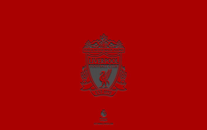 Liverpool FC, r&#246;d bakgrund, engelskt fotbollslag, Liverpool FC emblem, Premier League, England, fotboll, Liverpool FC logotyp