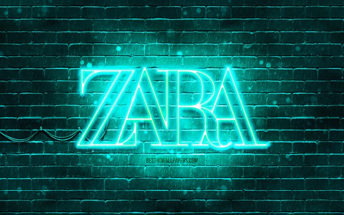 Logo turchese Zara, 4k, muro di mattoni turchese, logo Zara, marchi di moda, logo neon Zara, Zara
