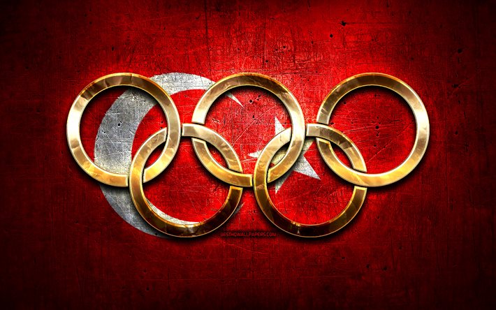 Squadra olimpica turca, anelli olimpici d&#39;oro, Turchia alle Olimpiadi, creativo, bandiera turca, sfondo di metallo, Squadra olimpica della Turchia, bandiera della Turchia