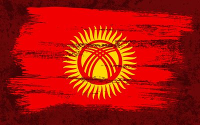 4k, drapeau du Kirghizistan, drapeaux grunge, pays asiatiques, symboles nationaux, coup de pinceau, drapeau kirghize, art grunge, Asie, Kirghizistan