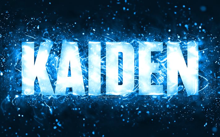Buon compleanno Kaiden, 4k, luci al neon blu, nome Kaiden, creativo, buon compleanno Kaiden, compleanno Kaiden, nomi maschili americani popolari, foto con nome Kaiden, Kaiden