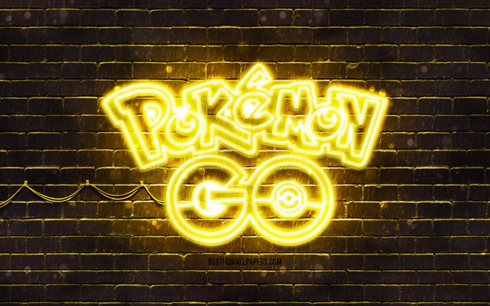 Pokemon Go keltainen tunnus, 4k, keltainen tiilisein&#228;, Pokemon Go -tunnus, pelimerkit, Pokemon Go -neonitunnus, Pokemon Go