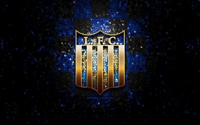 Liverpool Montevideo FC, logo glitter, Primera Division uruguaiano, sfondo blu a scacchi neri, calcio, squadra di calcio uruguaiano, logo Liverpool Montevideo, arte del mosaico, Liverpool Montevideo