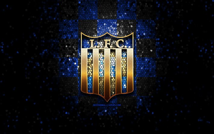 Liverpool Montevideo FC, kimallelogo, Uruguayn Primera-divisioona, sininen musta ruudullinen tausta, jalkapallo, uruguaylainen jalkapalloseura, Liverpool Montevideo -logo, mosaiikkitaide, Liverpool Montevideo