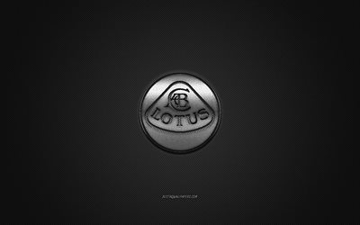 Logo Lotus, logo argent&#233;, fond gris en fibre de carbone, embl&#232;me en m&#233;tal Lotus, Lotus, marques de voitures, art cr&#233;atif