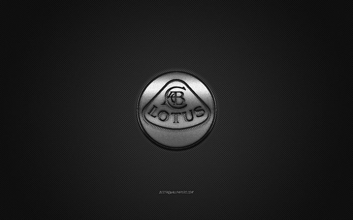 Logo Lotus, logo argento, sfondo grigio in fibra di carbonio, emblema in metallo Lotus, Lotus, marchi di automobili, arte creativa