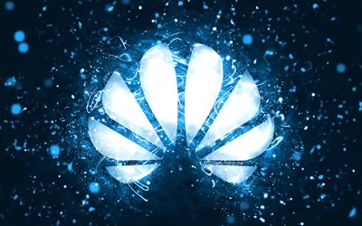 Huawei bl&#229; logotyp, 4k, bl&#229; neonljus, kreativ, bl&#229; abstrakt bakgrund, Huawei logotyp, varum&#228;rken, Huawei