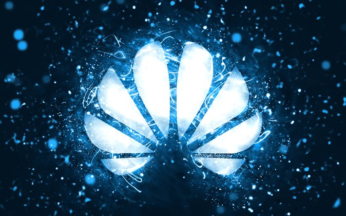 Huawei blue logo, 4k, blue neon lights, creative, blue abstract background, Huawei logo, brands, Huawei
