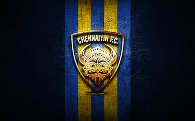 チェンナイインFC, 金色のロゴ, ISL, 青い金属の背景, フットボール。, インドのサッカークラブ, チェンナイインFCのロゴ, サッカー, インド, チェンナイイン