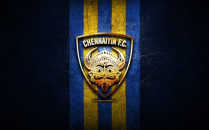 Chennaiyin FC, logo dor&#233;, ISL, fond m&#233;tal bleu, football, club de football indien, logo Chennaiyin FC, Inde, Chennaiyin
