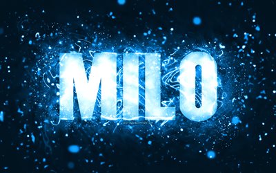 Mutlu Yıllar Milo, 4k, mavi neon ışıklar, Milo adı, yaratıcı, Milo Mutlu Yıllar, Milo Doğum G&#252;n&#252;, pop&#252;ler amerikan erkek isimleri, Milo adıyla resim, Milo