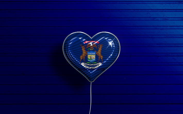 Michigan&#39;ı seviyorum, 4K, ger&#231;ek&#231;i balonlar, mavi ahşap arka plan, Amerika Birleşik Devletleri, Michigan bayrağı kalp, Michigan bayrağı, bayraklı balon, Amerikan Devletleri, ABD