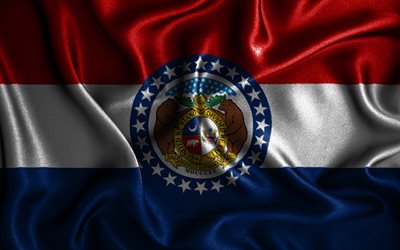 Missouri-flagga, 4k, v&#229;giga sidenflaggor, amerikanska stater, USA, tygflaggor, 3D-konst, Missouri, Missouri 3D-flagga