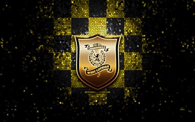 Livingston FC, glitterlogotyp, skotsk premierskap, gul svart rutig bakgrund, fotboll, skotsk fotbollsklubb, Livingston-logotyp, mosaikkonst, FC Livingston
