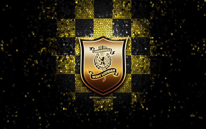 Livingston FC, logotipo brilhante, Premiership escoc&#234;s, fundo xadrez preto amarelo, futebol, clube de futebol escoc&#234;s, logotipo Livingston, arte em mosaico, FC Livingston