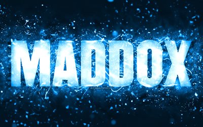 Grattis p&#229; f&#246;delsedagen Maddox, 4k, bl&#229; neonljus, Maddox namn, kreativ, Maddox Grattis p&#229; f&#246;delsedagen, Maddox f&#246;delsedag, popul&#228;ra amerikanska manliga namn, bild med Maddox namn, Maddox