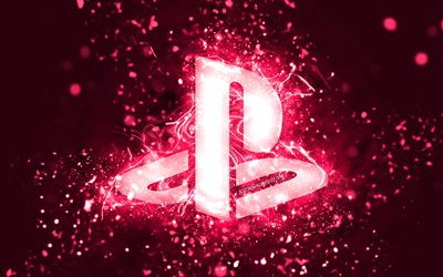 Logo PlayStation rosa, 4k, luci al neon rosa, creativo, sfondo astratto rosa, logo PlayStation, PlayStation