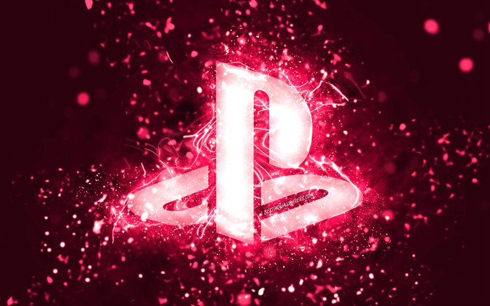 PlayStation pink logo, 4k, pink neon lights, creative, pink abstract background, PlayStation logo, PlayStation