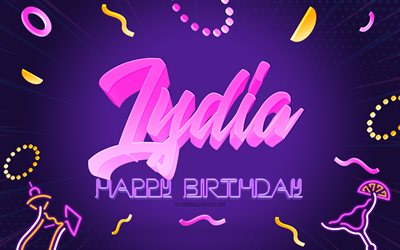 お誕生日おめでとうリディア, 4k, 紫のパーティーの背景, リディア, クリエイティブアート, リディアお誕生日おめでとう, リディアの名前, リディアの誕生日, 誕生日パーティーの背景