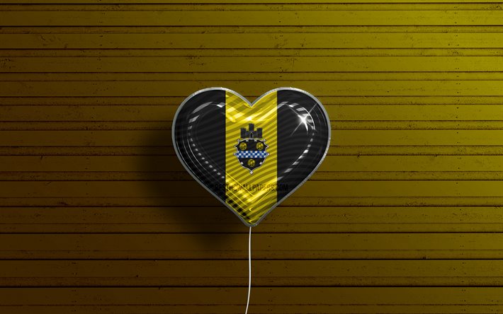 Jag &#228;lskar Pittsburgh, Pennsylvania, 4k, realistiska ballonger, gul tr&#228;bakgrund, amerikanska st&#228;der, Pittsburgh flagga, ballong med flagga, Pittsburgh, USA st&#228;der