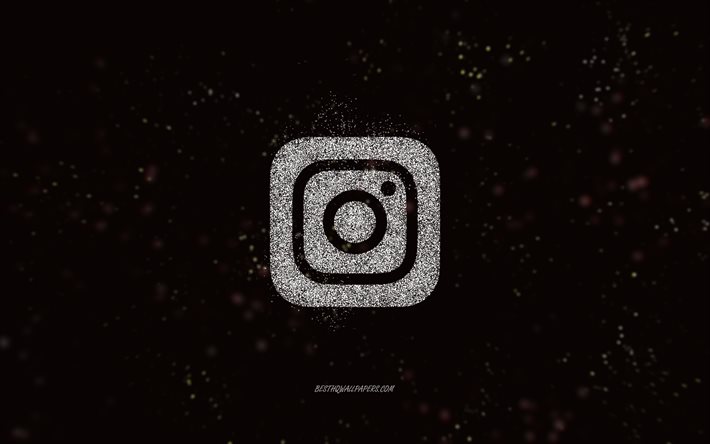 Instagram glitter logotyp, svart bakgrund, Instagram logotyp, vit glitter konst, Instagram, kreativ konst, Instagram vit glitter logotyp