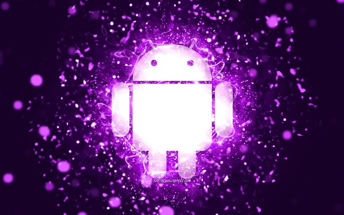 Logo viola Android, 4K, luci al neon viola, creativo, sfondo astratto viola, logo Android, OS, Android