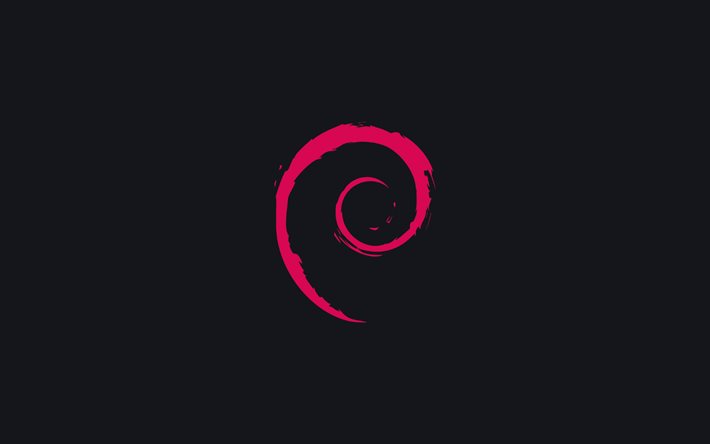 Logotipo roxo do Debian, 4K, minimalismo, Linux, logotipo do Debian, planos de fundo cinza, criativo, Debian