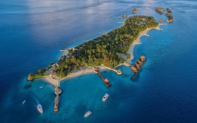 Jumeirah Vittaveli, Maldive, isole tropicali, tramonto, sera, viaggi estivi, Maldive dall&#39;alto